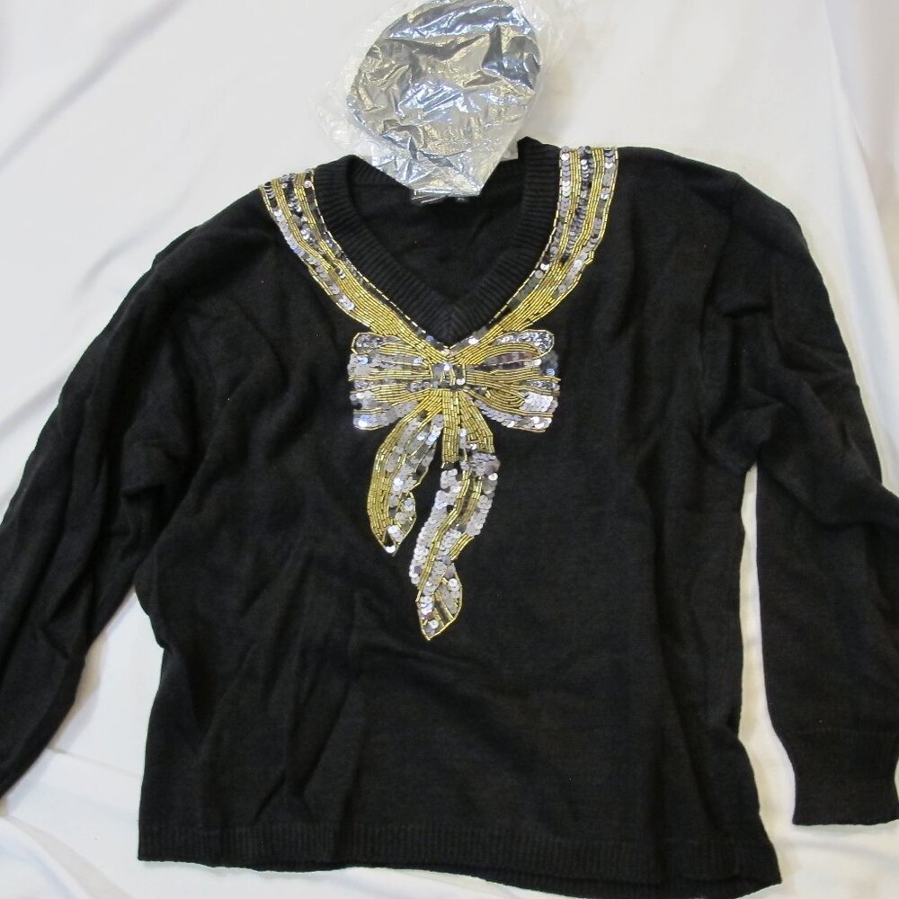 NWT  Holiday black sweater with gold bow  PL
